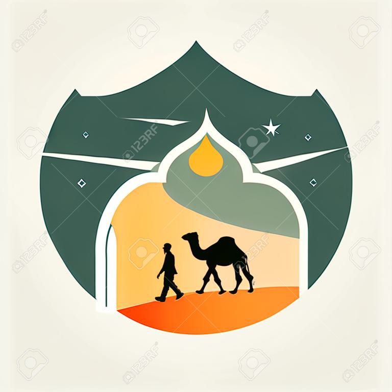 Muslim traveler, walking with camel