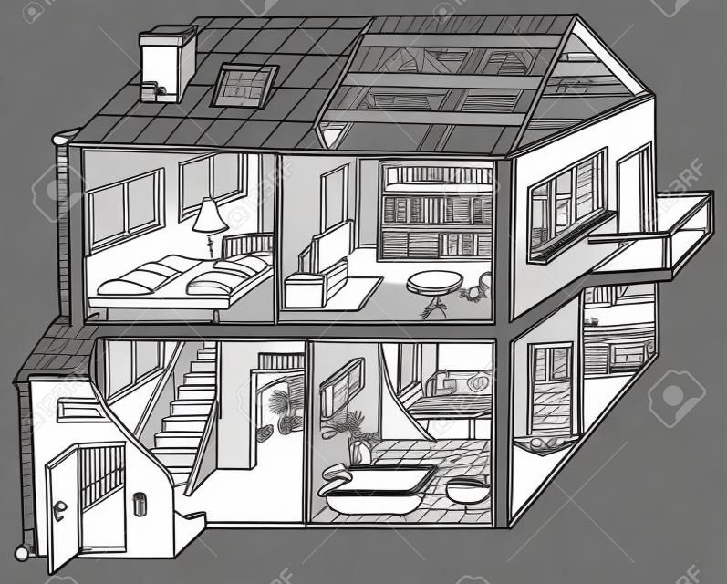 Wohnhaus - schwarz und weiß Karikatur Illustration, Vektor