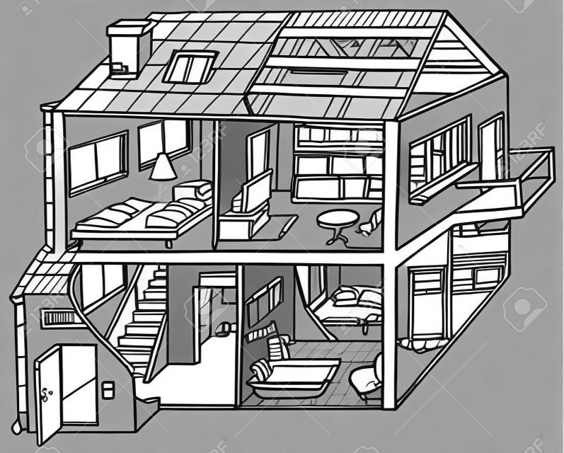 Wohnhaus - schwarz und weiß Karikatur Illustration, Vektor