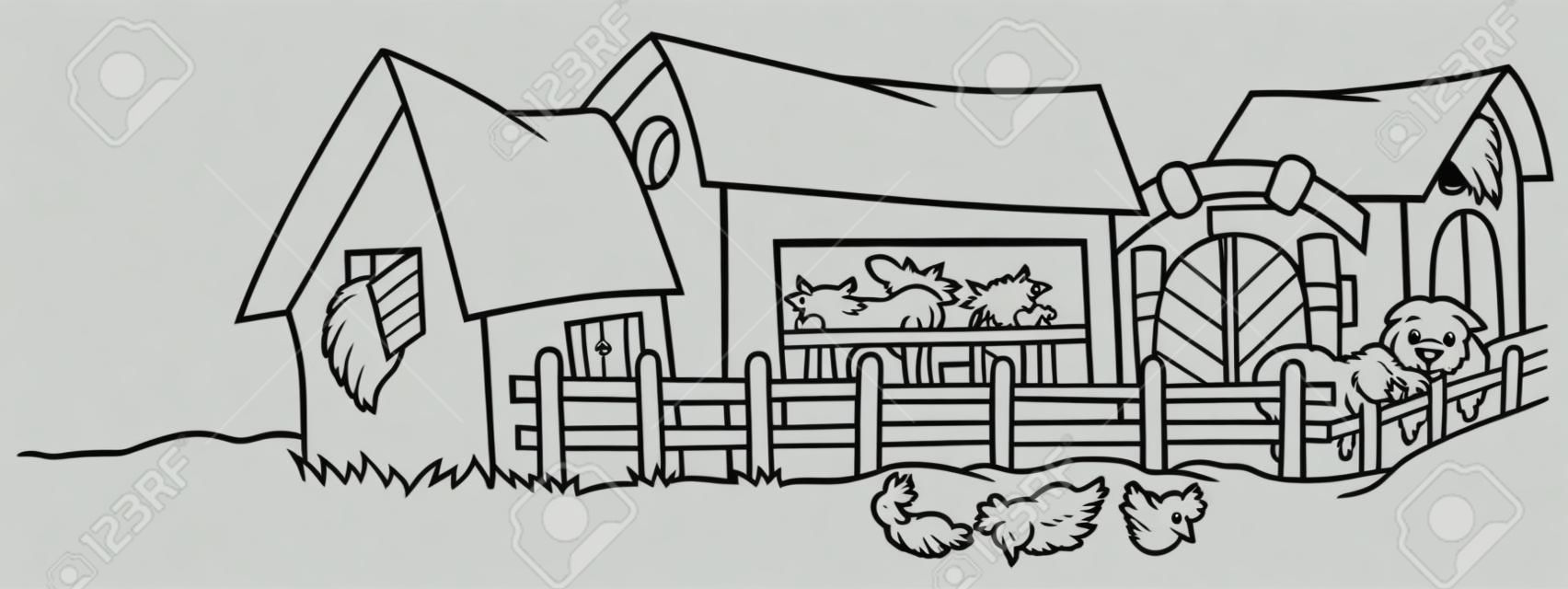 Farm - Black and White Cartoon illustration, Vector