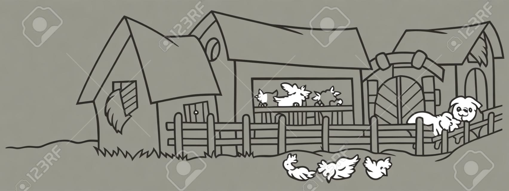 Farm - Black and White Cartoon illustration, Vector