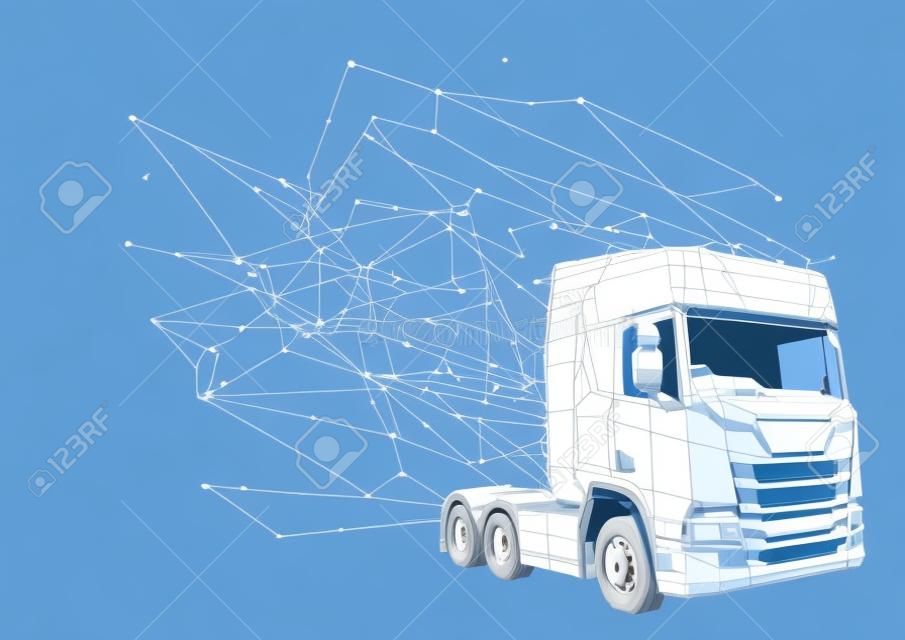 Abstract Truck from Low Poly Wireframe Isolated on White Background - Polygonal Image Mash Line Structure, Vector Illustration