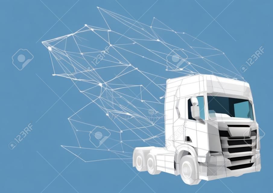 Abstract Truck from Low Poly Wireframe Isolated on White Background - Polygonal Image Mash Line Structure, Vector Illustration