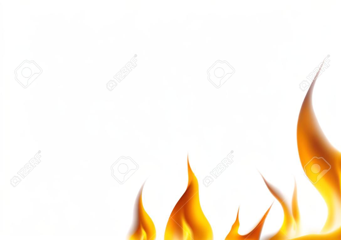 Realistyczne płomienie ognia na białym tle - szczegółowa ilustracja do projektów graficznych, wektor