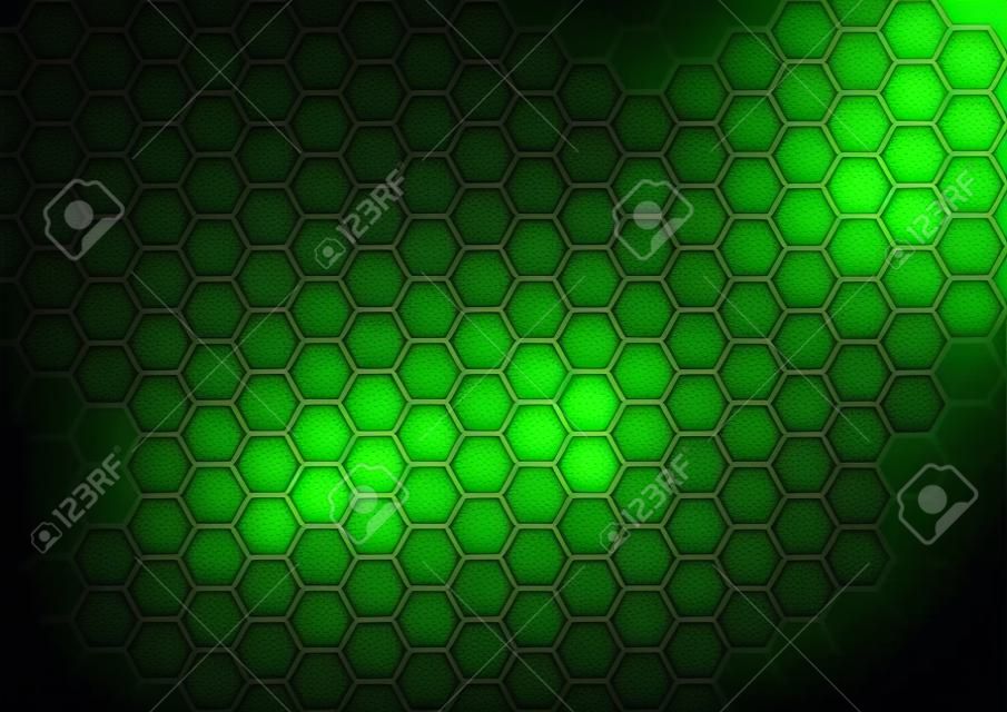 Patrón hexagonal negro sobre fondo de magma verde - Ilustración abstracta con lava de neón brillante, vector