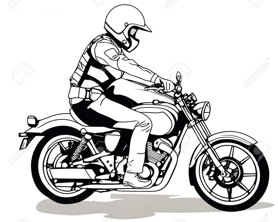 Motocyklista na motocyklu - czarno-biały rysunek ilustracja izolowana na białym tle, wektor