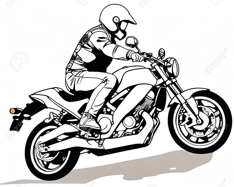 Motocyklista na motocyklu - czarno-biały rysunek ilustracja izolowana na białym tle, wektor