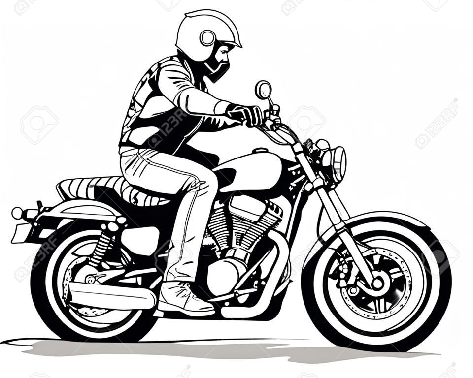 Motociclista en motocicleta - Ilustración de dibujo en blanco y negro aislada sobre fondo blanco, vector