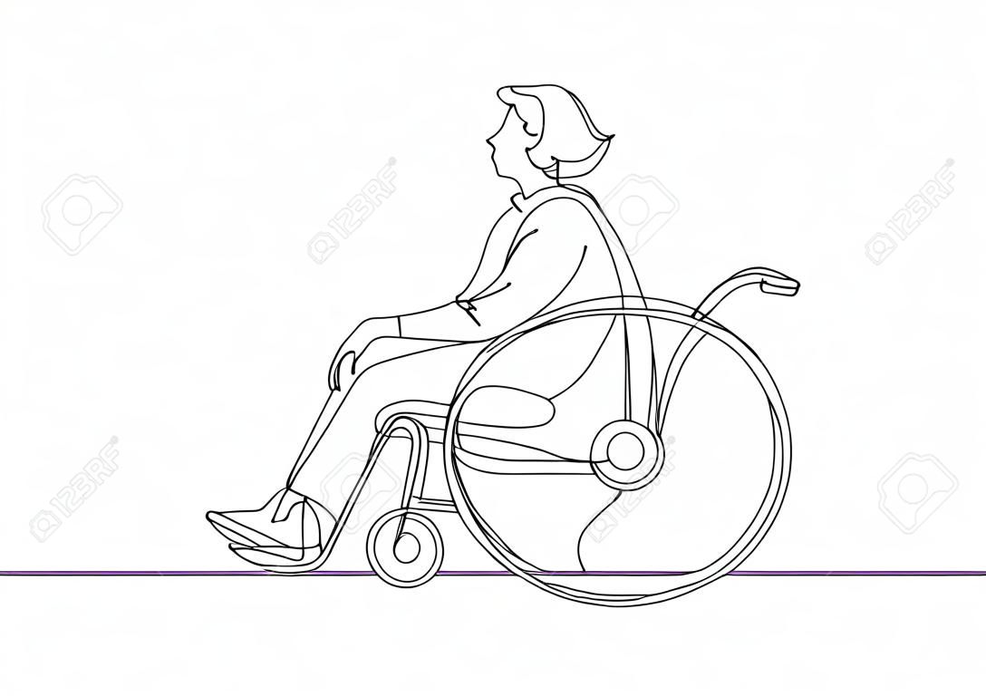 Continuous one line drawing. Disabled man on wheelchair enjoy with moving. Vector illustration total editable, choose thickness and place of line