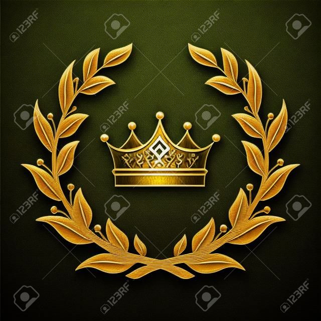 Heraldyczny symbol korony w liściach laurowych.