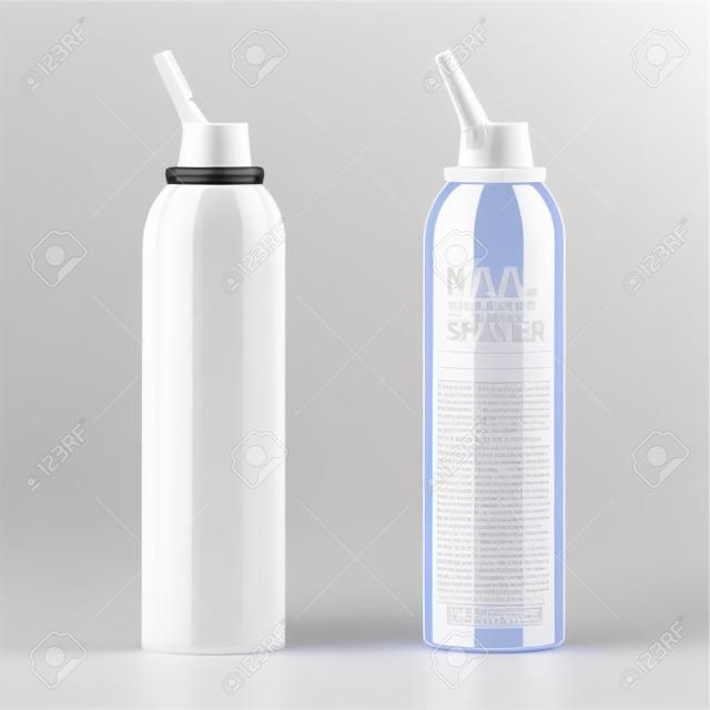 Biała błyszcząca aluminiowa butelka z rozpylaczem do nosa na białym tle.