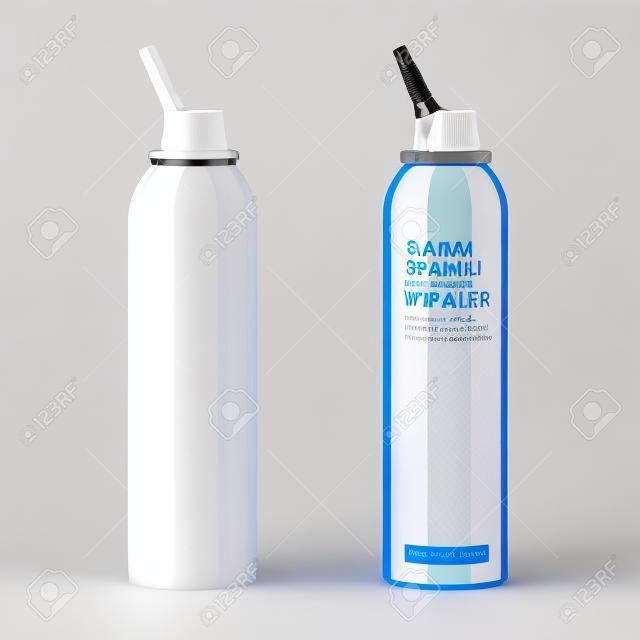 Белая глянцевая алюминиевая бутылка с распылителем для назального спрея на белом фоне.