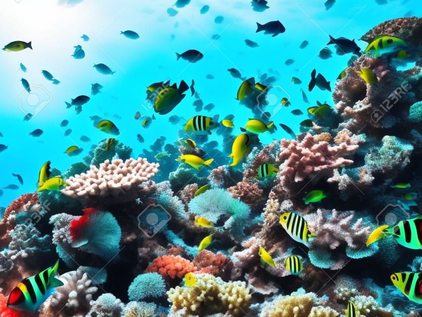 A beautiful picture of a coral reef teeming with life and bubbles in the background. shot in the Red Sea