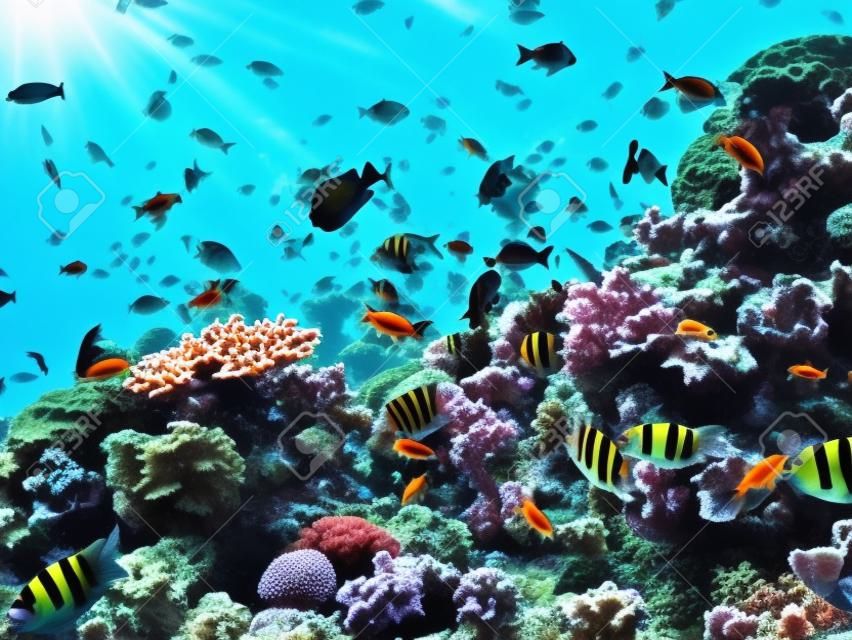 Une belle image d'un récif de corail grouillant de vie et de bulles à l'arrière plan. Balle dans la mer Rouge