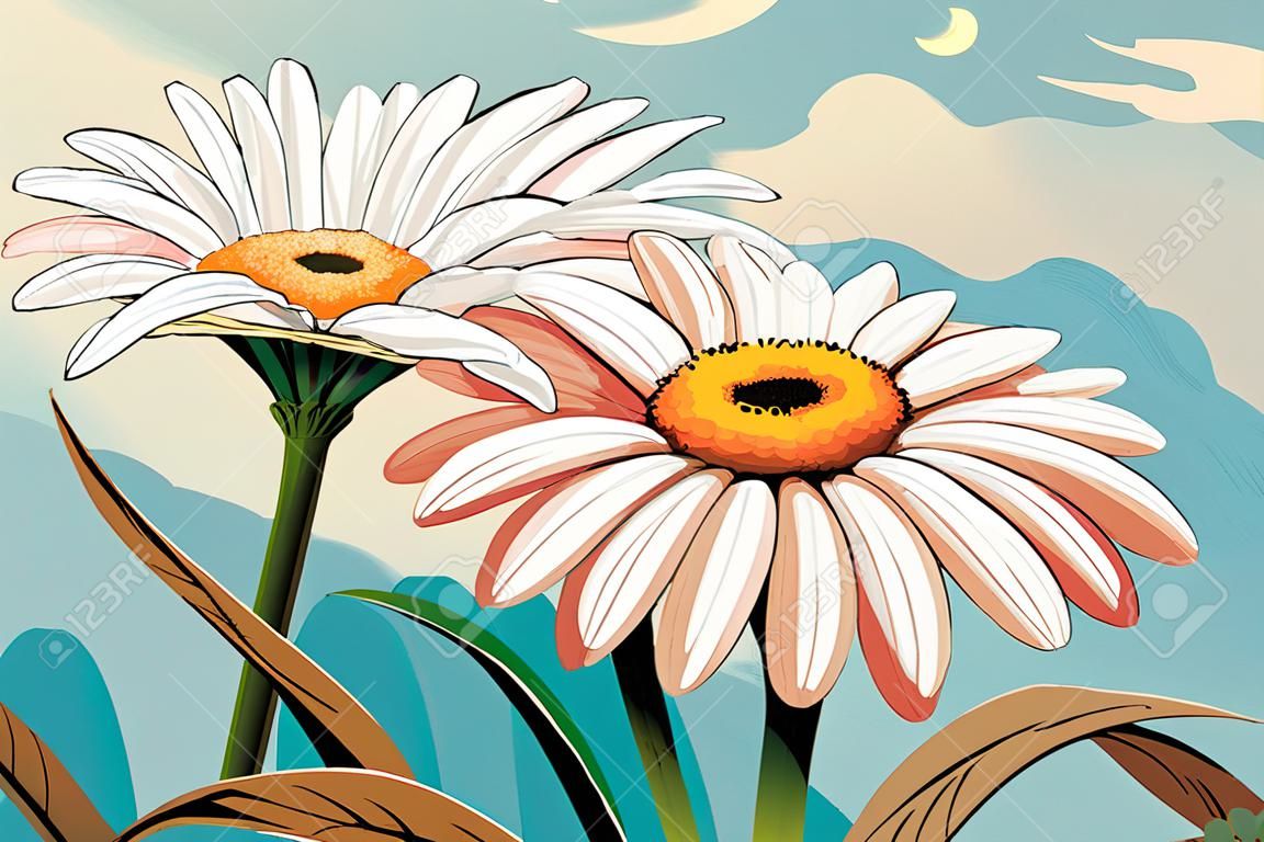 beautiful daisies flowers over landscape background, colorful design, vector illustration