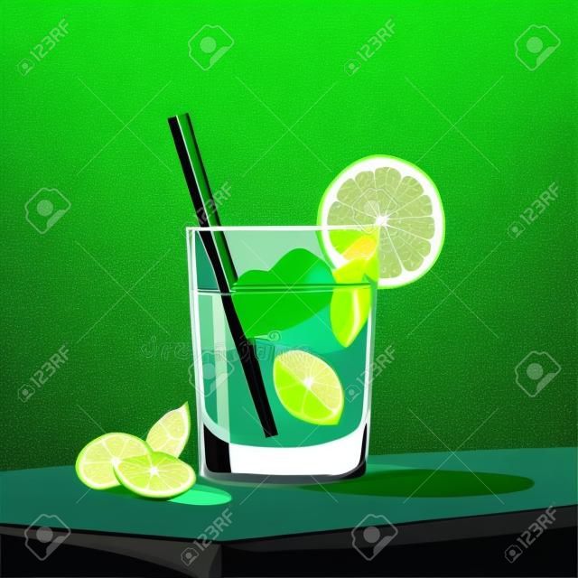 Cocktail with lime and mint on a dark background. Vector illustration