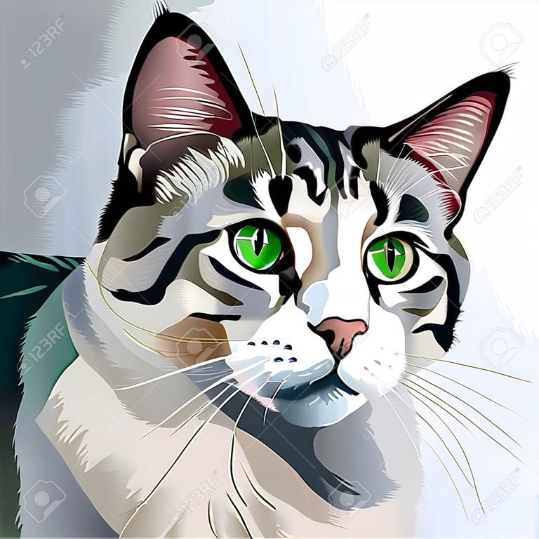 Retrato de un hermoso gato con ojos verdes. ilustración vectorial.