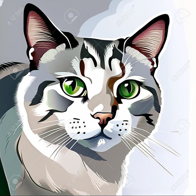 Retrato de un hermoso gato con ojos verdes. ilustración vectorial.