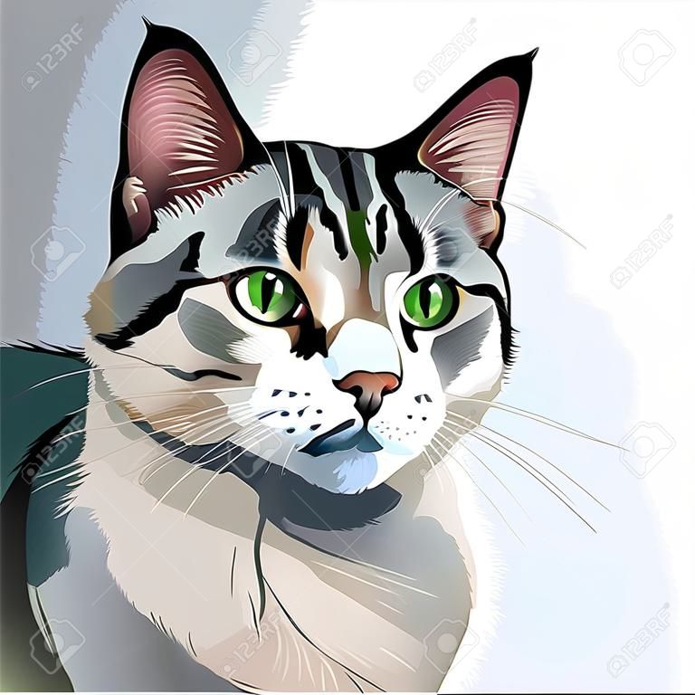 Portrait of a beautiful cat with green eyes. Vector illustration.