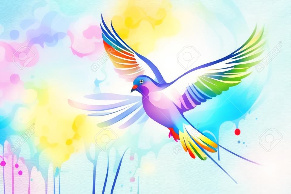 Pigeon flying on colorful watercolor background. Vector illustration.