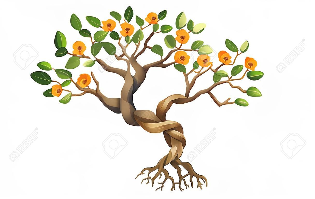 Illustration of a tree with flowers and roots on a white background