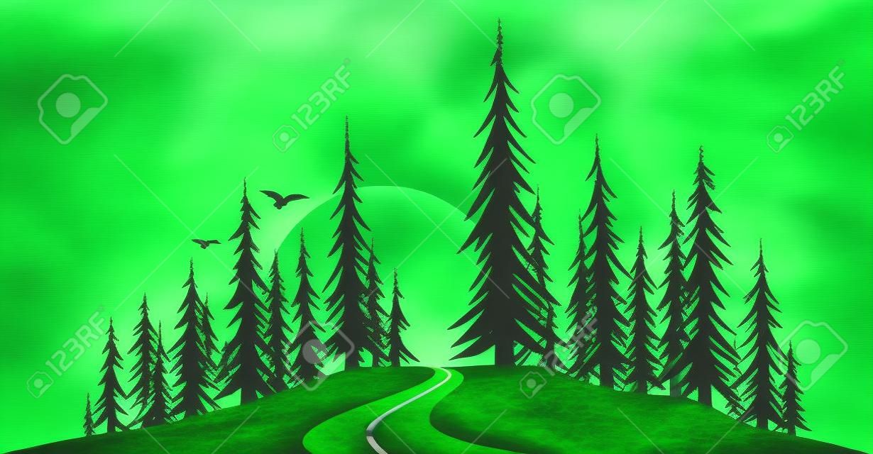 Green forest with the road.