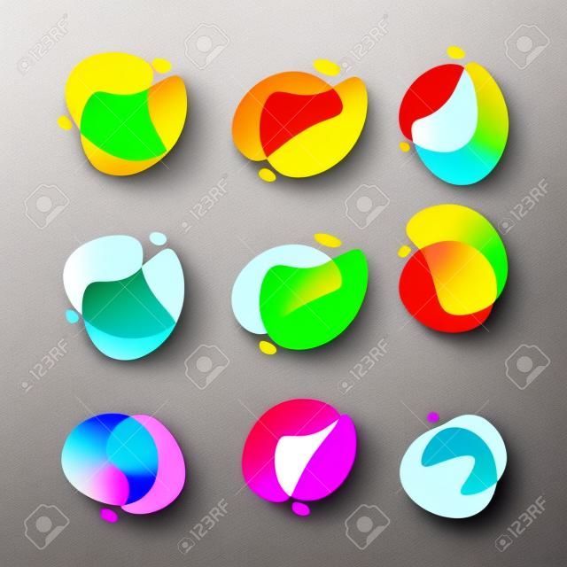 Bright abstract shapes. Set of nine gradient colored forms. Flowing liquid stains. Watercolor stains. Easy to edit vector element of design for banners, logo, etc