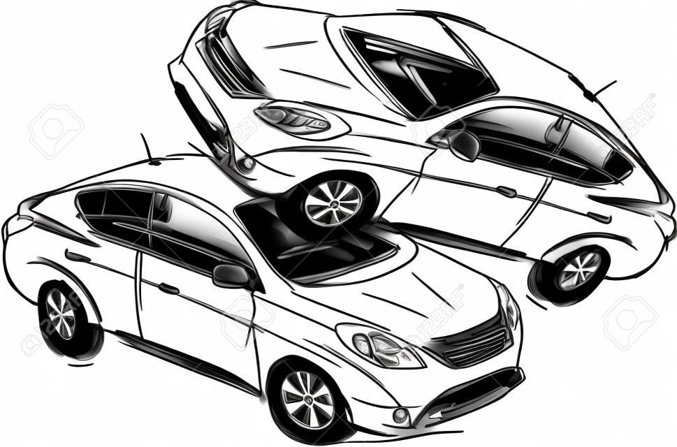 Skizze zweier Autos bei einem Unfall auf einem weißen Hintergrund.