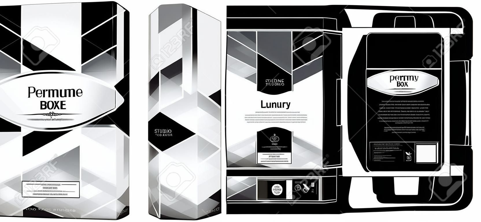 Packaging design, perfume luxury box design template and mockup box. Illustration vector.