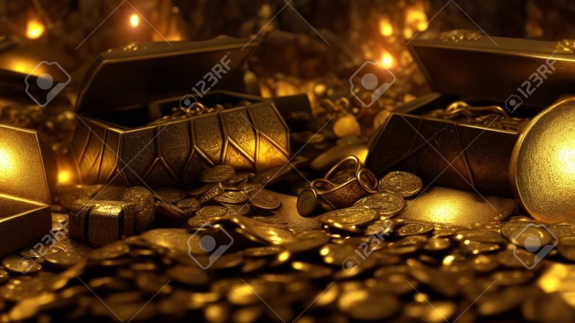 Trésors de pirates dans une grotte sombre. vieilles pièces de monnaie, diamants et trésors d'or. beaucoup de bijoux composés de statuettes en or, de pierres précieuses, de bracelets et de coffres. rendu 3d.