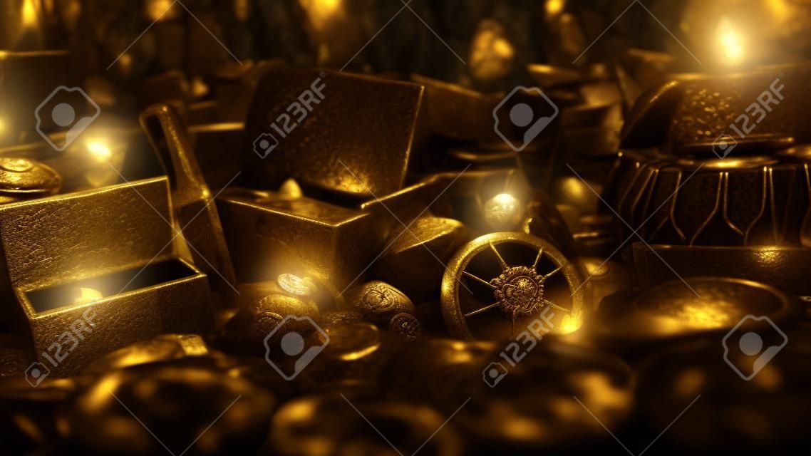 Trésors de pirates dans une grotte sombre. Vieilles pièces de monnaie, diamants et trésors d'or. Beaucoup de bijoux faits de statuettes en or, de pierres précieuses, de bracelets et de coffres. Rendu 3D.