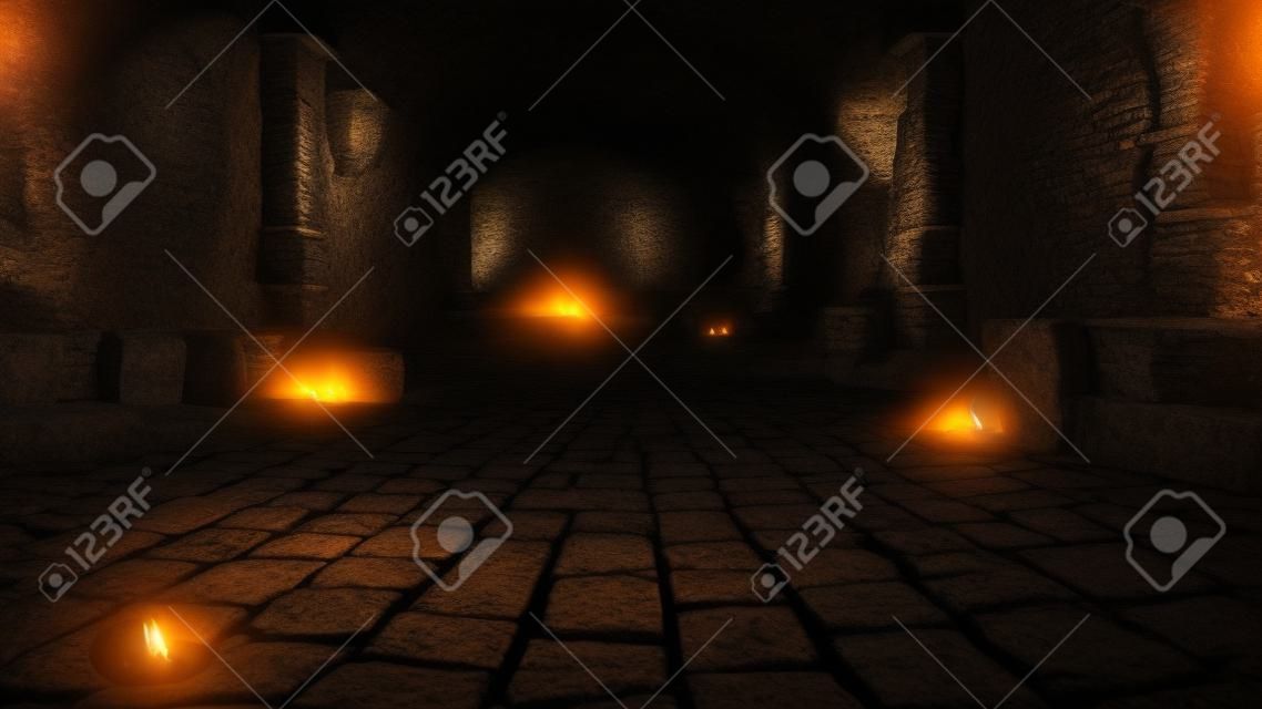 Catacombe medievali senza fine spaventose con torce. Concetto di incubo mistico. Rendering 3D.