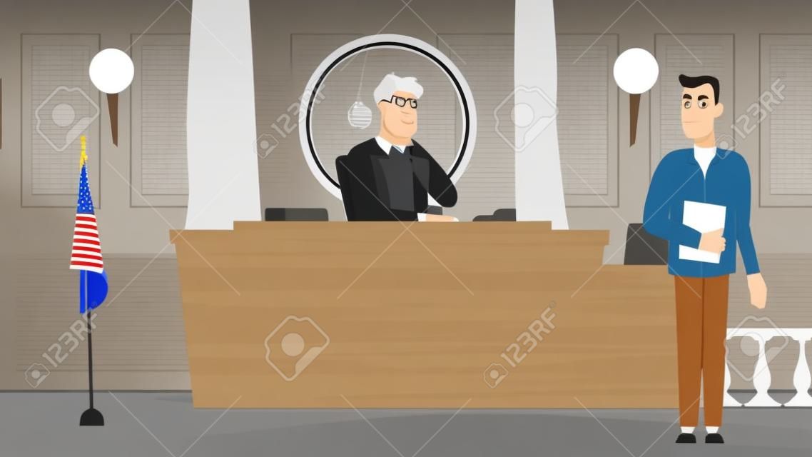 Rechters zaal concept met mensen scène op de achtergrond cartoon ontwerp rechter wachten op de rechtszitting om vectorillustratie te starten