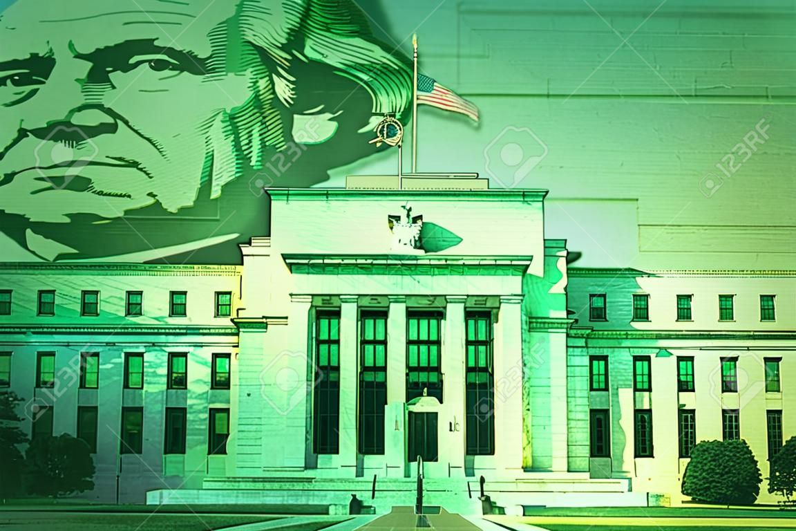 在华盛顿，直流叠加在一张二十美元的钞票和一个蹩脚的纹理背景的联邦储备大厦