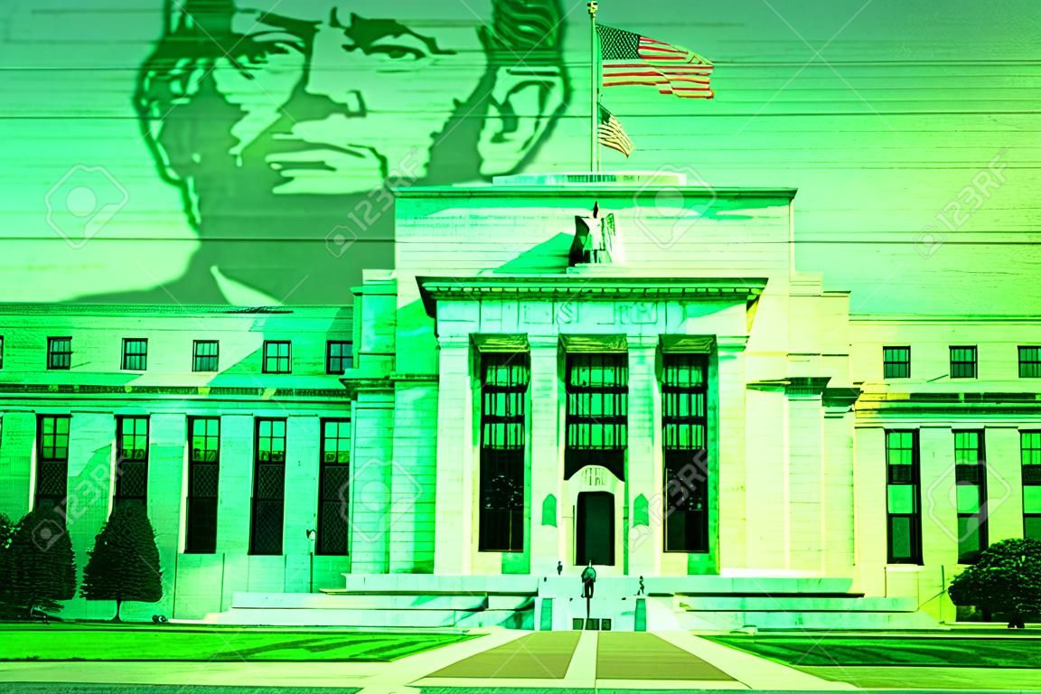 Федеральная резервная система здания в Вашингтоне, округ Колумбия, накладывается на купюру в двадцать и гранж текстуры фона