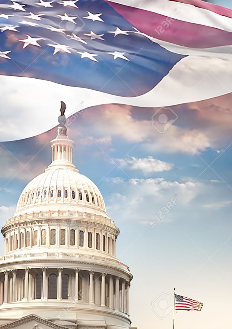 美國國會大廈與疊加在天空揮舞著美國國旗