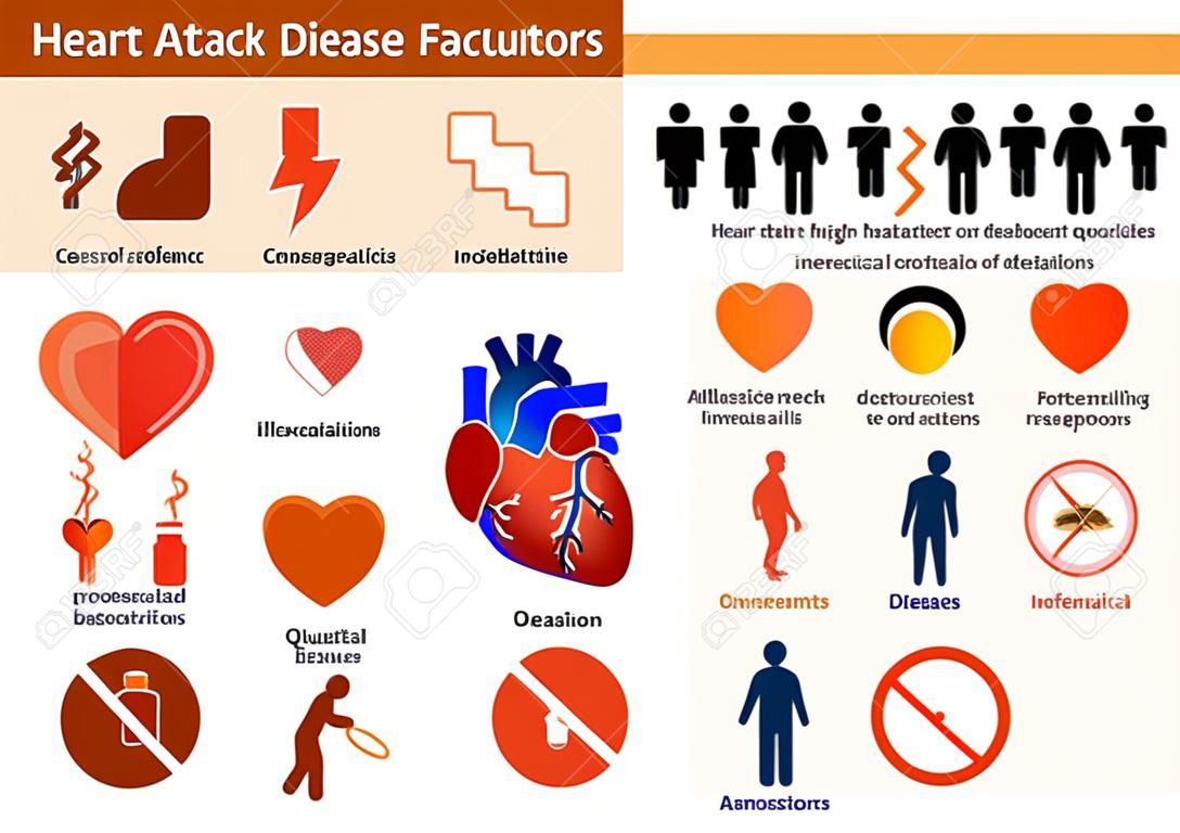 Heart attack infographics in low color style. Isolated icon and object Heart disease factors. Medical Infographic set elements and symbols for design.