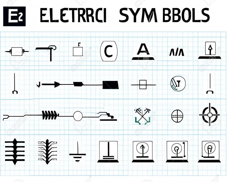 Símbolo eletrônico. Conjunto de elementos de símbolo de circuito elétrico. Pictograma usado para representar dispositivos elétricos e eletrônicos.