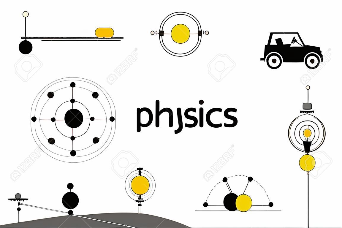 Physics and science icons set. Classical mechanics. Experiments equipment, tools, magnet, atom, pendulum, Newton's Laws and the simplest mechanisms of Archimedes