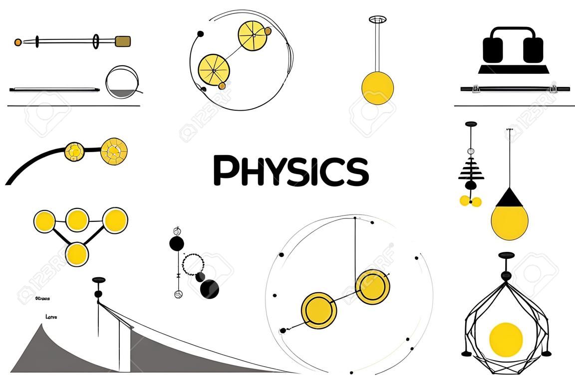 Fizik ve bilim simgeleri ayarlayın. Klasik mekaniği. Deneyler ekipmanlar, araçlar, mıknatıs, atom, sarkaç, Newton yasaları ve Arşimet basit mekanizmaları