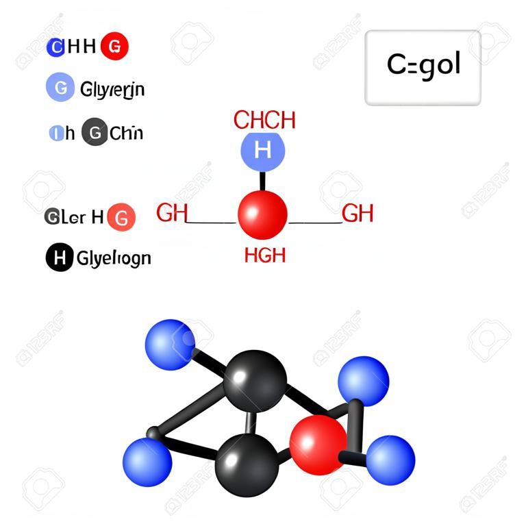甘油（甘油，甘油）。分子的結構。甘油分子的化學式和模型。醫療，教育和科學使用的矢量圖