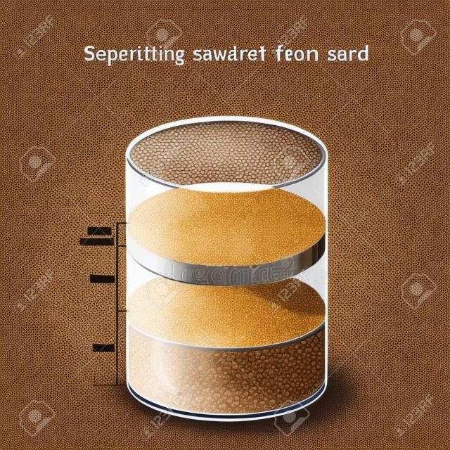 Separare la segatura di legno dalla sabbia con acqua. Esperimento sulla densità di acqua, sabbia e segatura. illustrazione vettoriale.