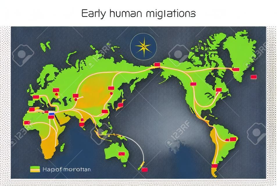 Wczesne migracje ludzi. mapa rozprzestrzeniania się ludzi na całym świecie. archaicznych i współczesnych ludzi na różnych kontynentach. ilustracja wektorowa