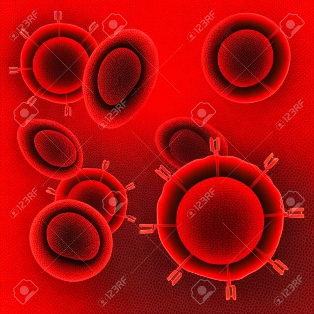 CAR t-cellule e globuli rossi su sfondo rosso. primo piano di un recettore dell'antigene chimerico e di una cellula T CAR. vettore Poster sull'immunoterapia o sul cancro chemioterapico.