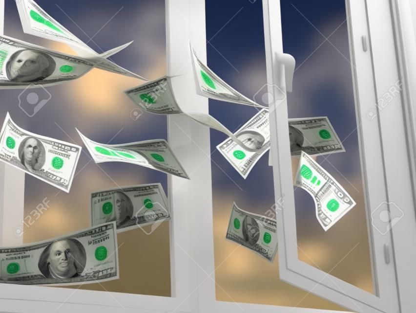 Dollars fliegen aus dem Fenster. 3D-Darstellung.