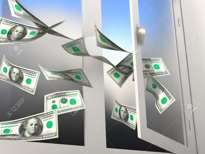 Dólares voando pela janela. Ilustração 3D.