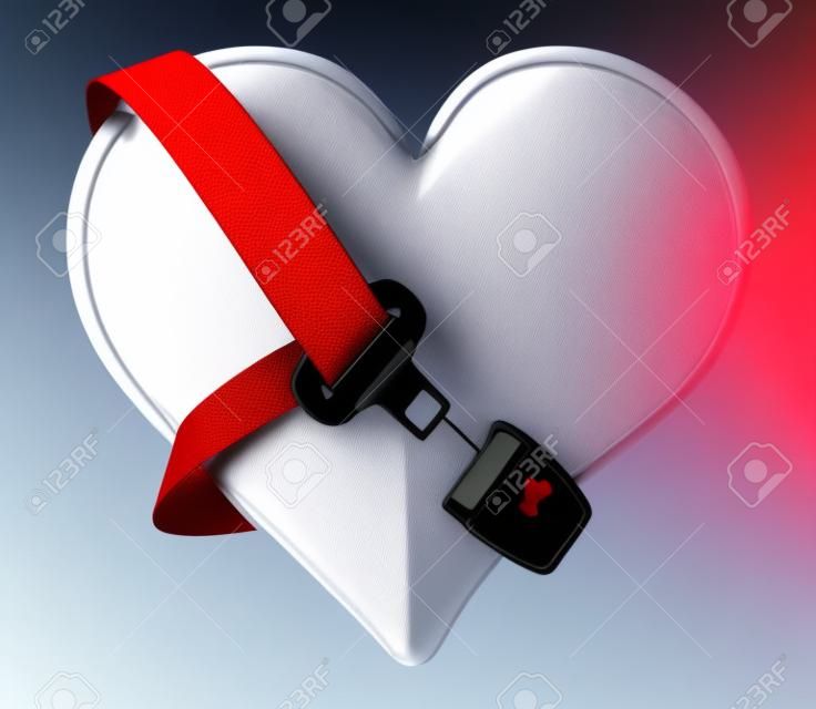 Seatbelt around the red heart. 3D illustration.
