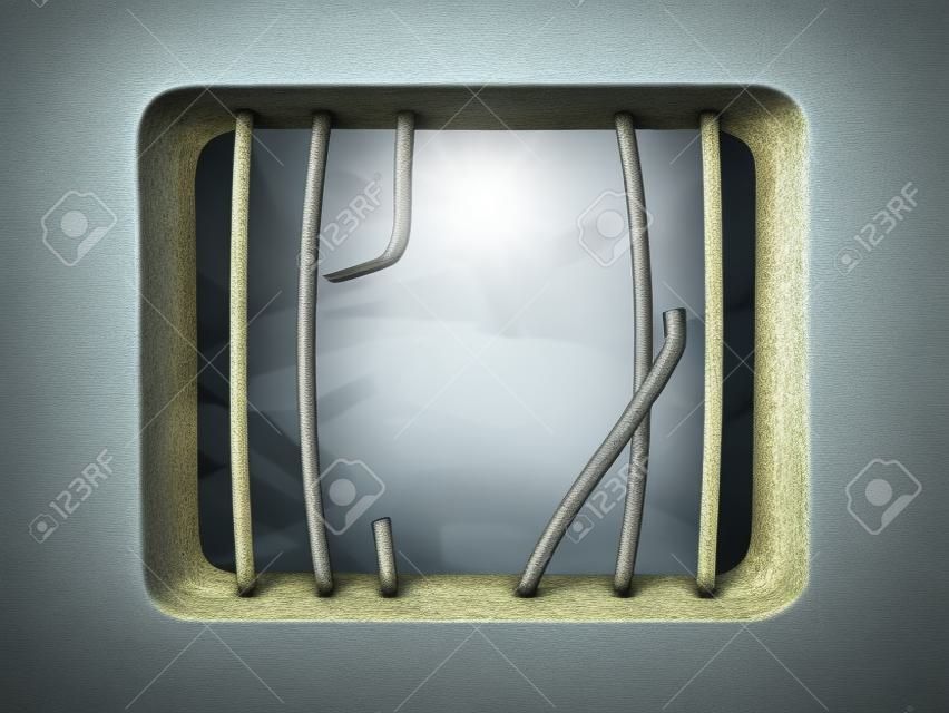Cella di prigione con barre di prigioni rotte sulla finestra. Illustrazione 3D.