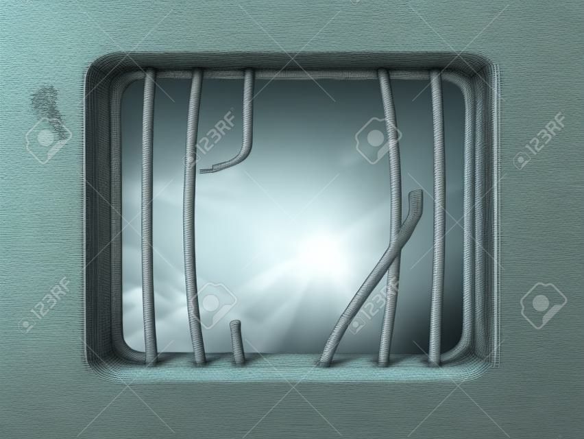 Célula de prisión con barras rotas de la prisión en la ventana. Ilustración 3D.