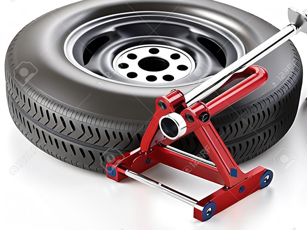 Neumático de repuesto, gato del coche y llave de la rueda aislada en el fondo blanco. Ilustración 3D.